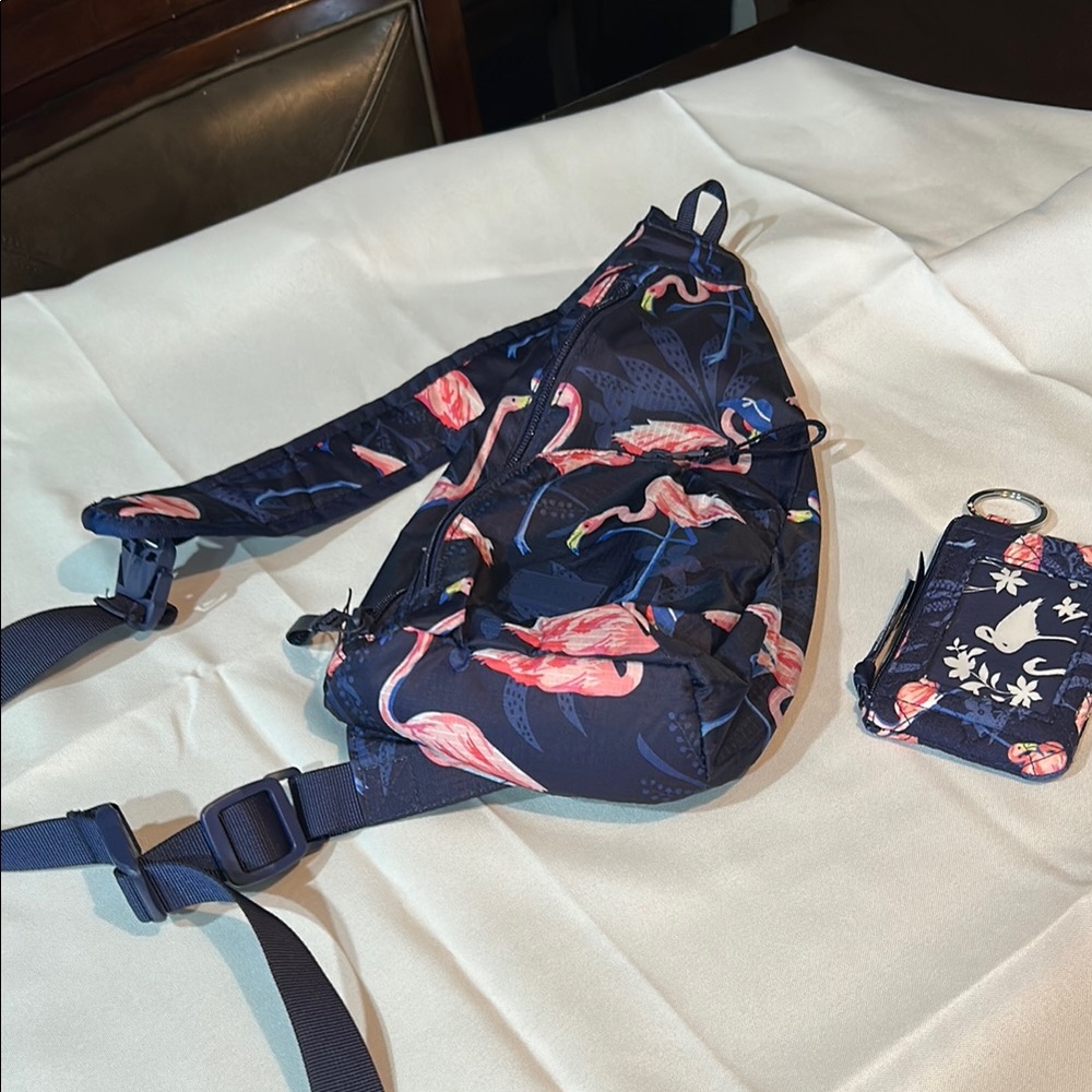 Vera Bradley Flamingo Party Navy Sling Bag and ID/Wallet Combo